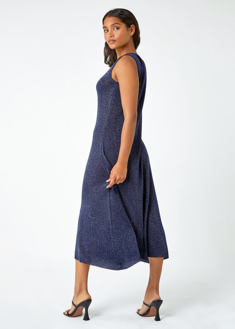 Roman Navy Sleeveless Sparkle Knitted Midi Dress