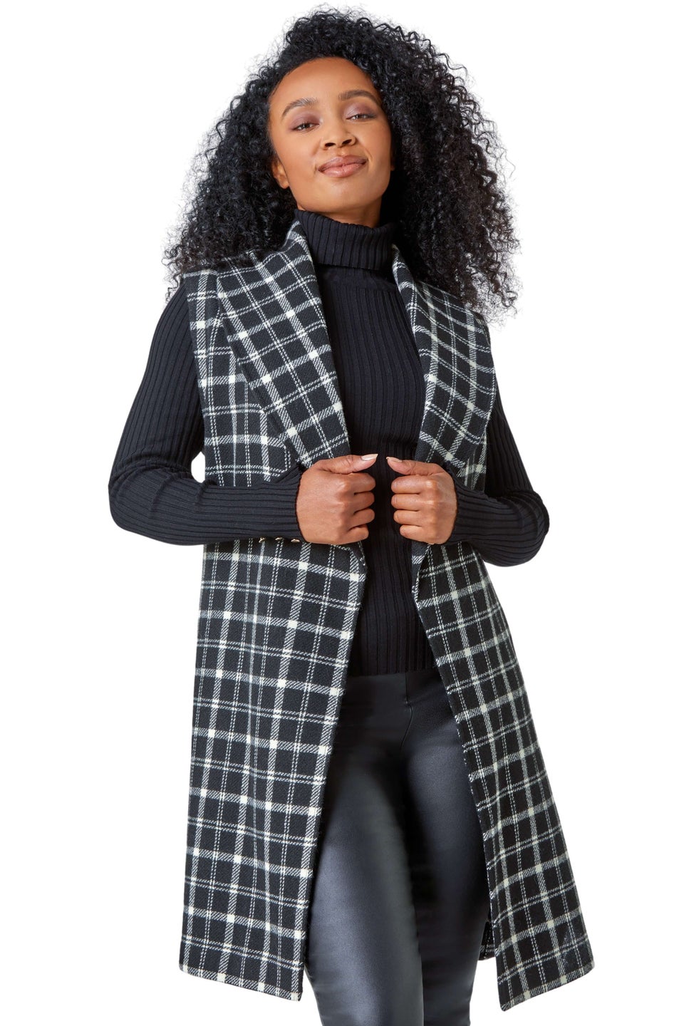 Roman Petite Black Sleeveless Belted Check Coat