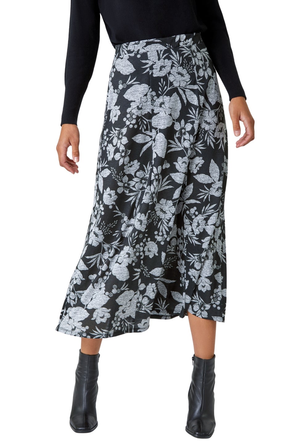 Roman Grey Floral Print Midi Stretch Skirt