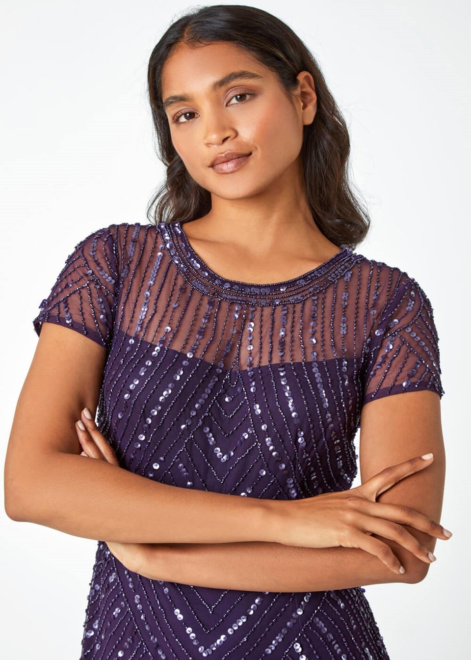 Roman Purple Sequin Embellished Sheer Shift Dress