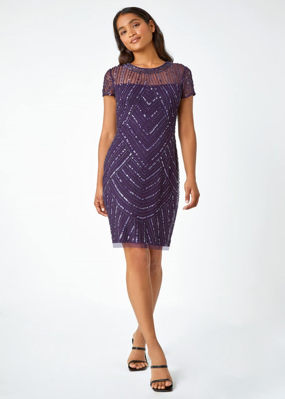 Roman Purple Sequin Embellished Sheer Shift Dress