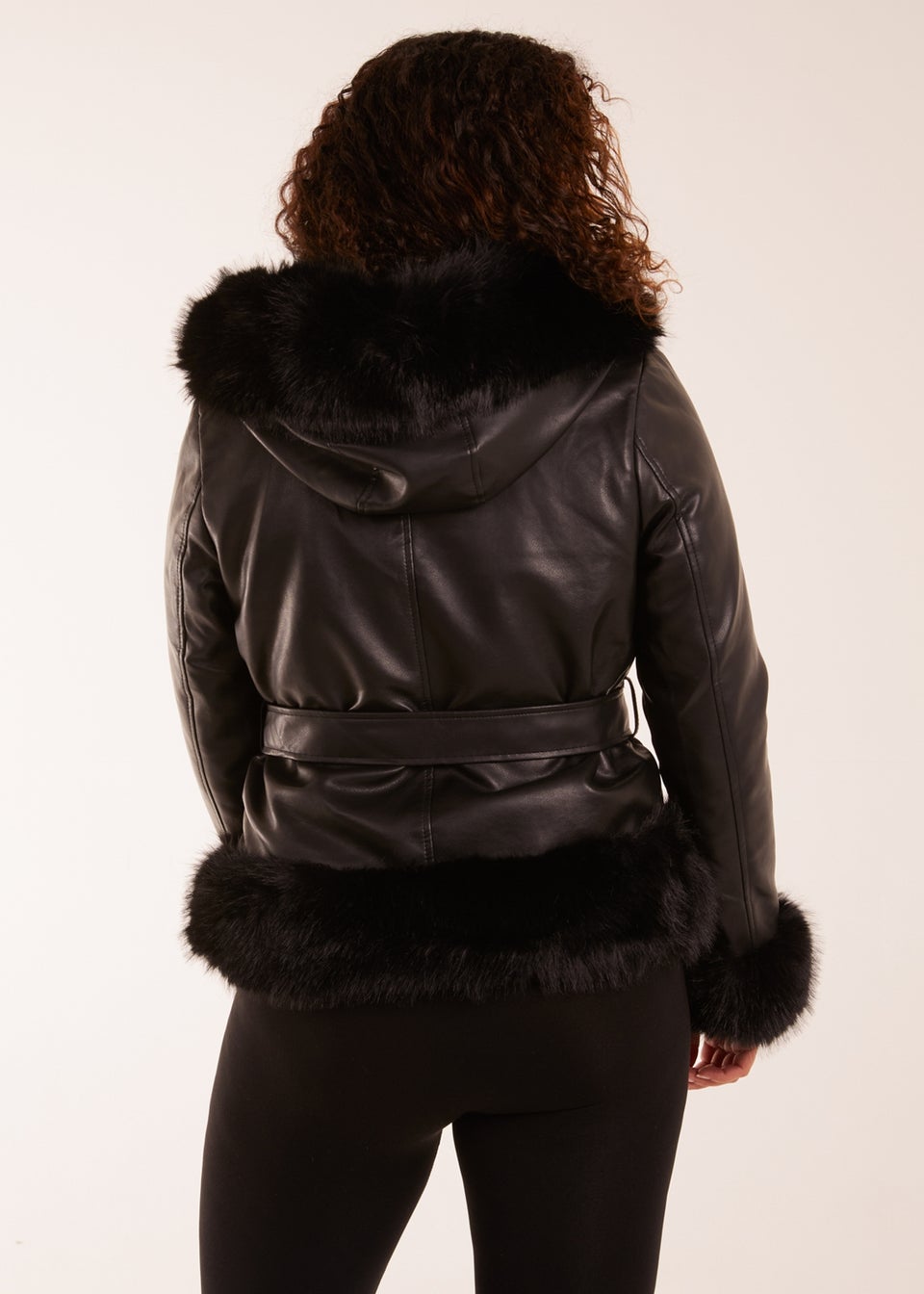 Blue Vanilla Black Faux Fur Cropped Leather Look Jacket