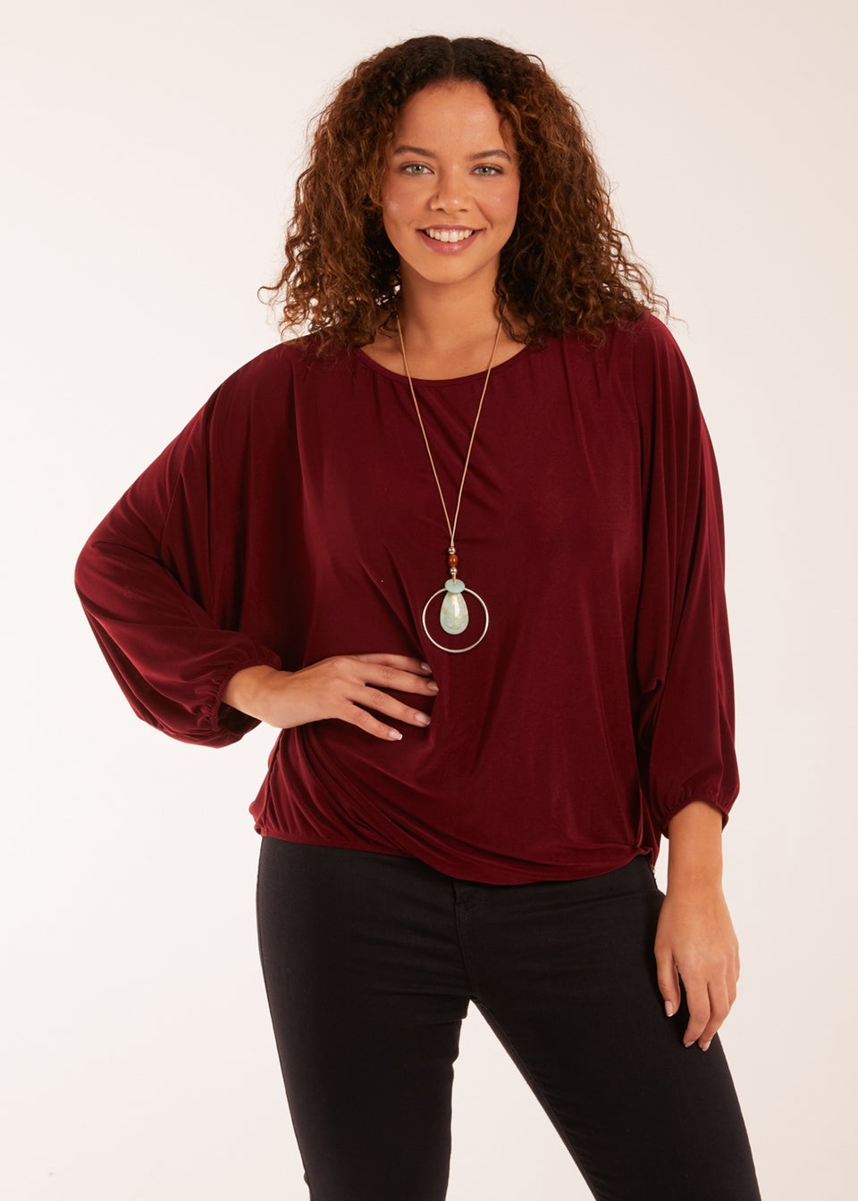 Blue Vanilla Burgundy Batwing Necklace Elasticated Hem Top - Matalan