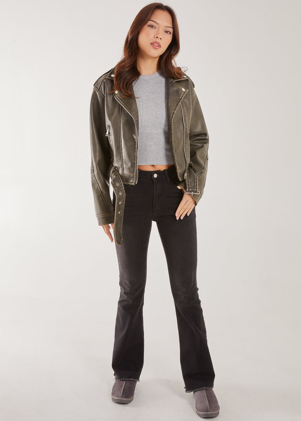 Pink Vanilla Olive Stone Washed PU Biker Jacket Matalan