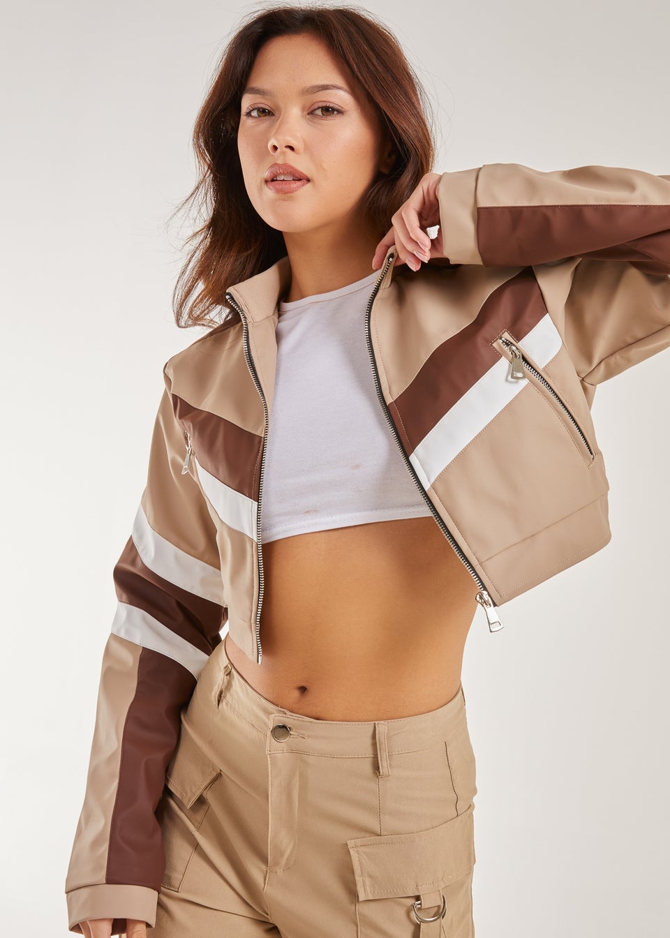 Pink Vanilla Brown Cropped Racer Jacket