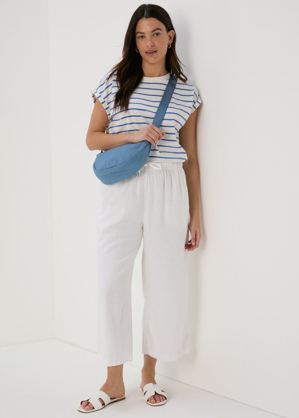 Papaya Petite White Linen Wide Leg Crop Trousers Matalan