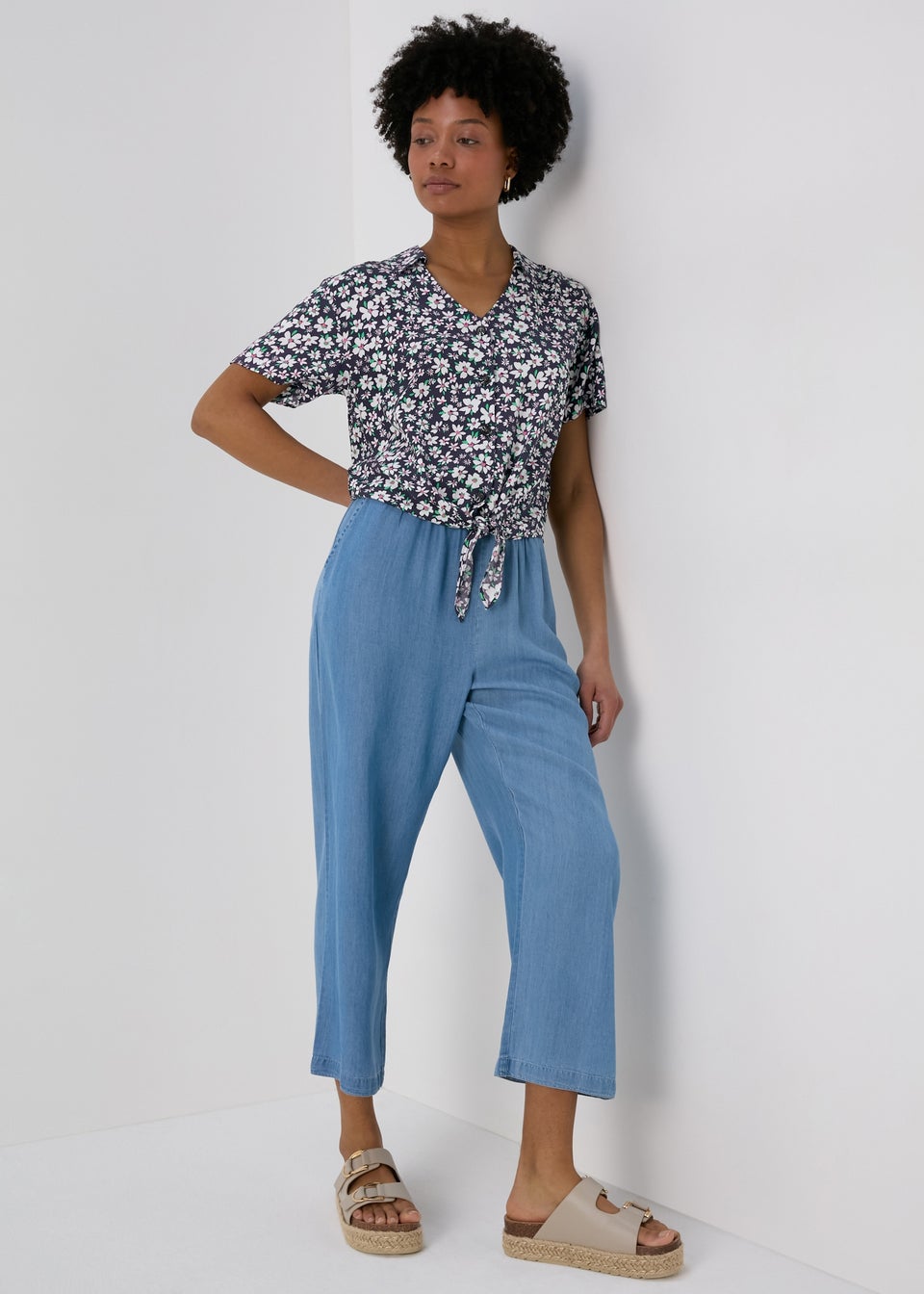 Navy & Blue Ditsy Tie Front Viscose Top