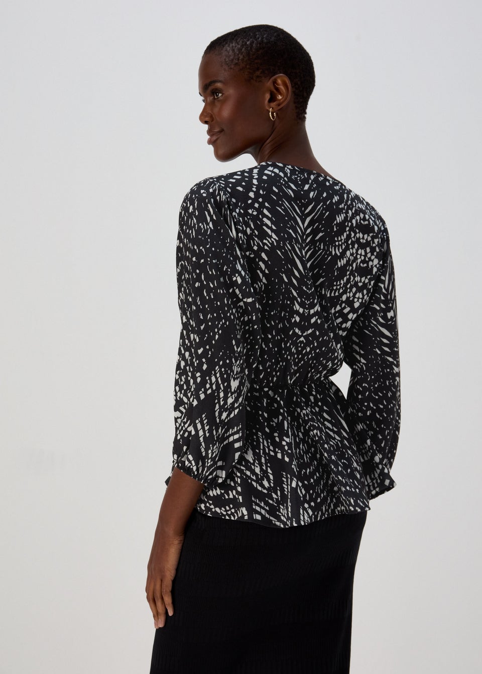 Black Mono Print Mock Wrap Top