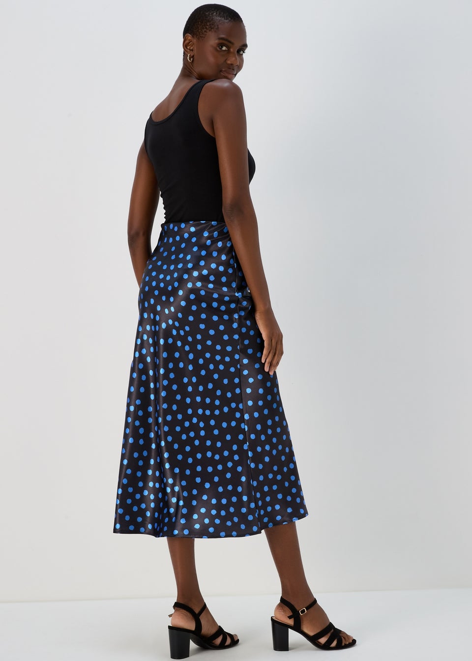 Blue Geo Print Satin Midi Skirt