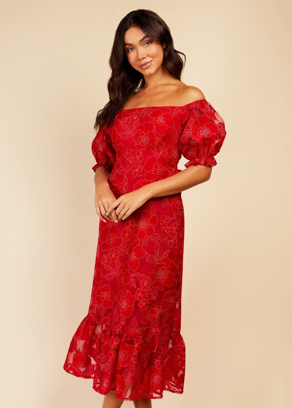 Little Mistress Red Organza Floral Dress - Matalan