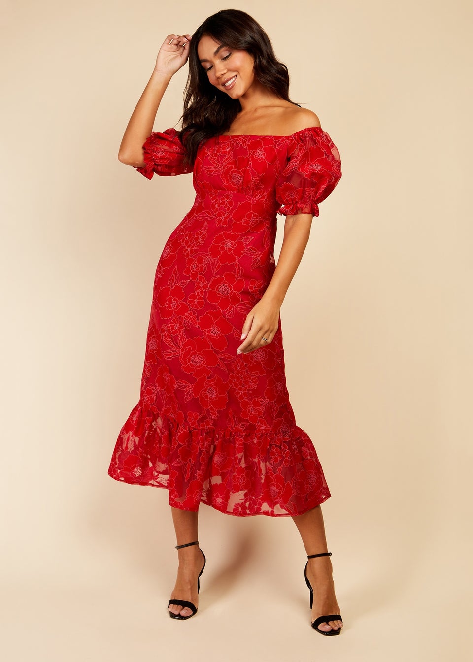 Little Mistress Red Organza Floral Dress Matalan