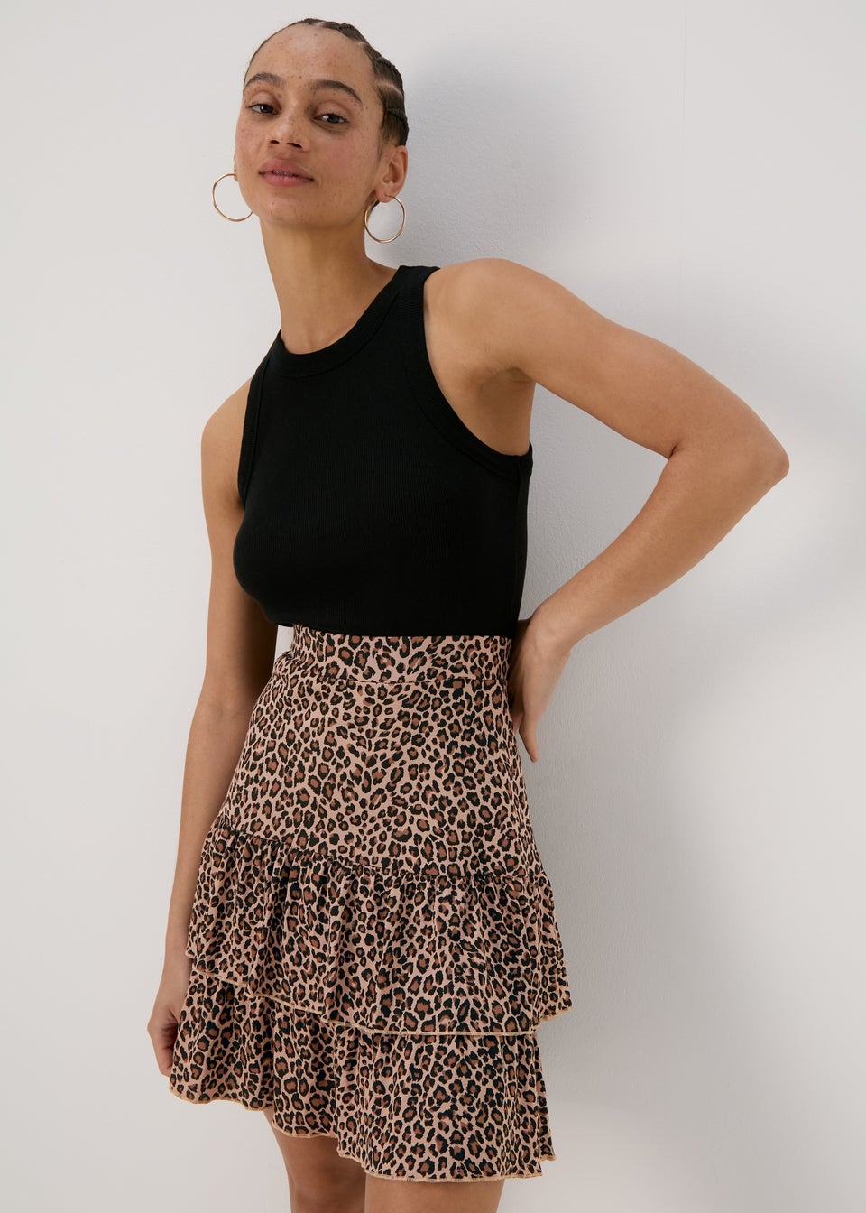 Papaya Brown Animal Print Tiered Jersey Mini Skirt
