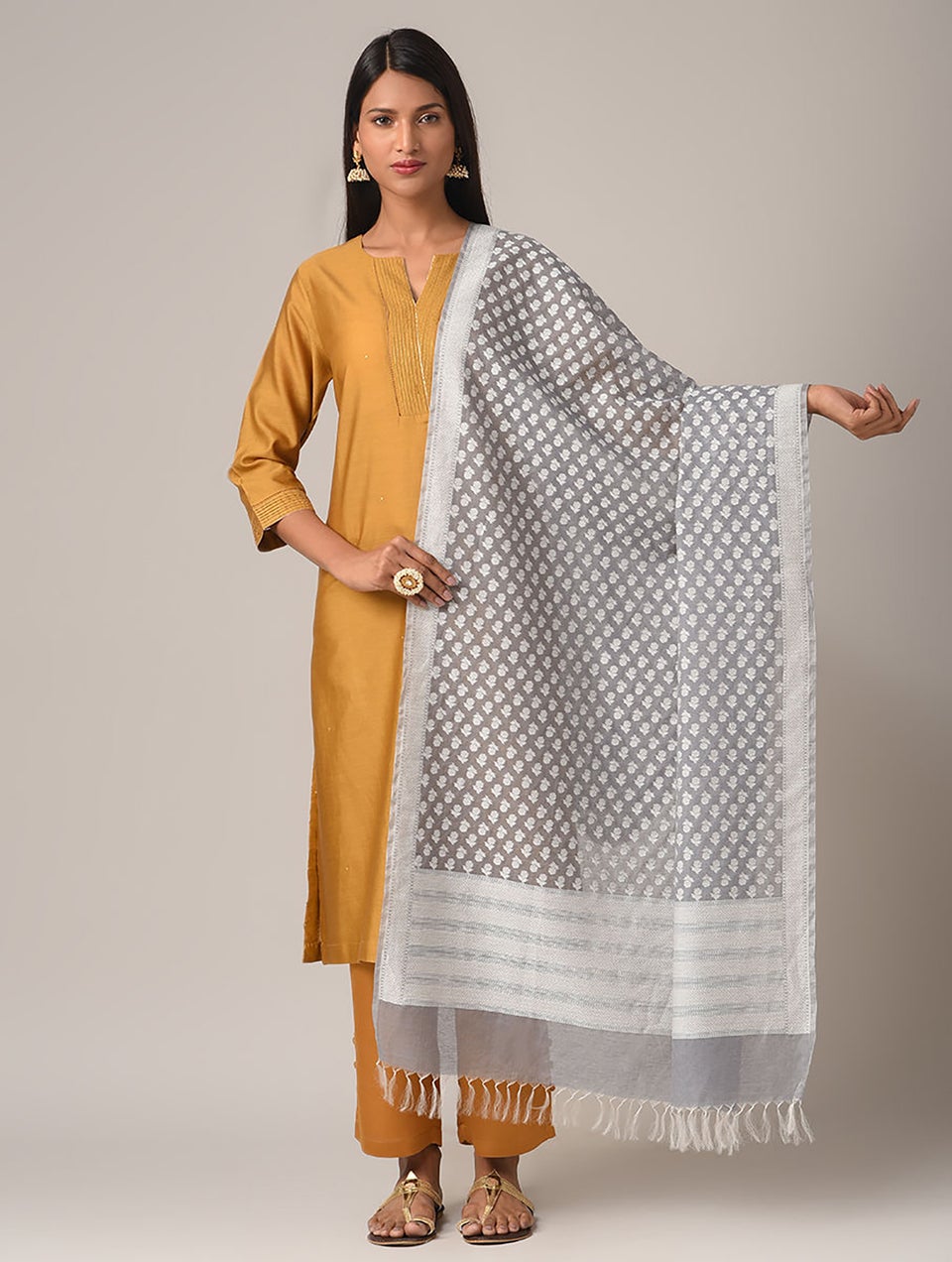 Women Grey Benarasi Cotton Dupatta