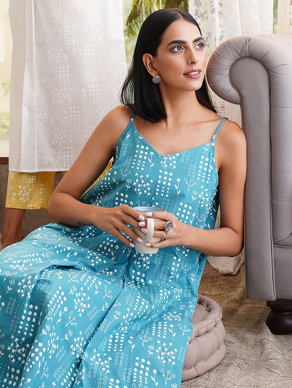 Women Blue Printed Cotton Dress with Pockets