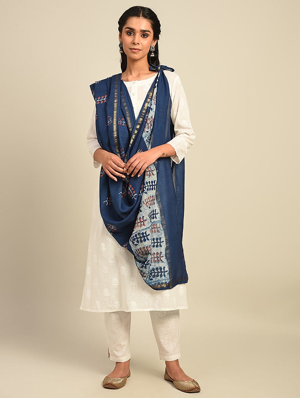 Women Blue Block Print Mercerized Cotton Dupatta with Zari