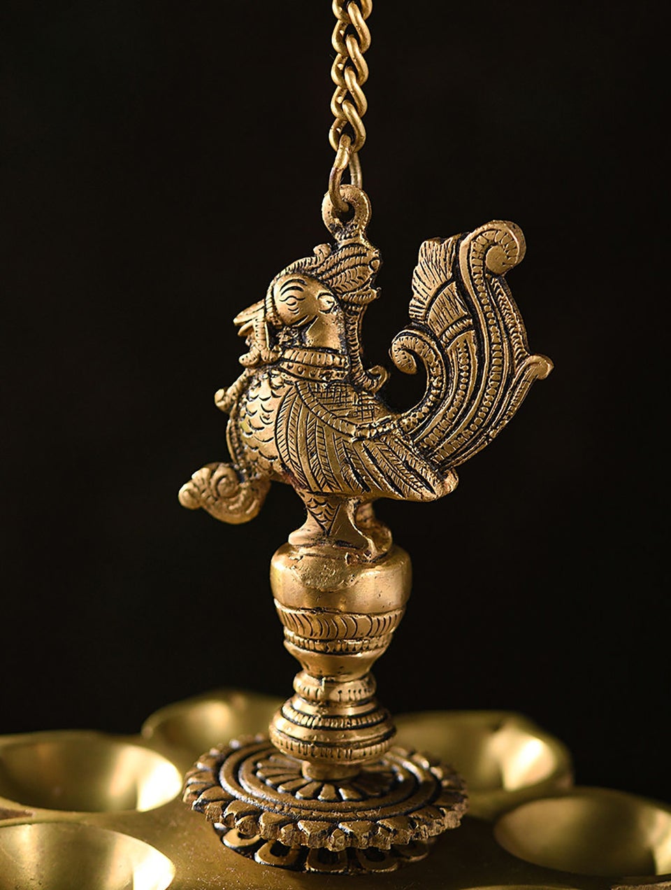 Brass Hanging Peacock Oil Diya With Bells