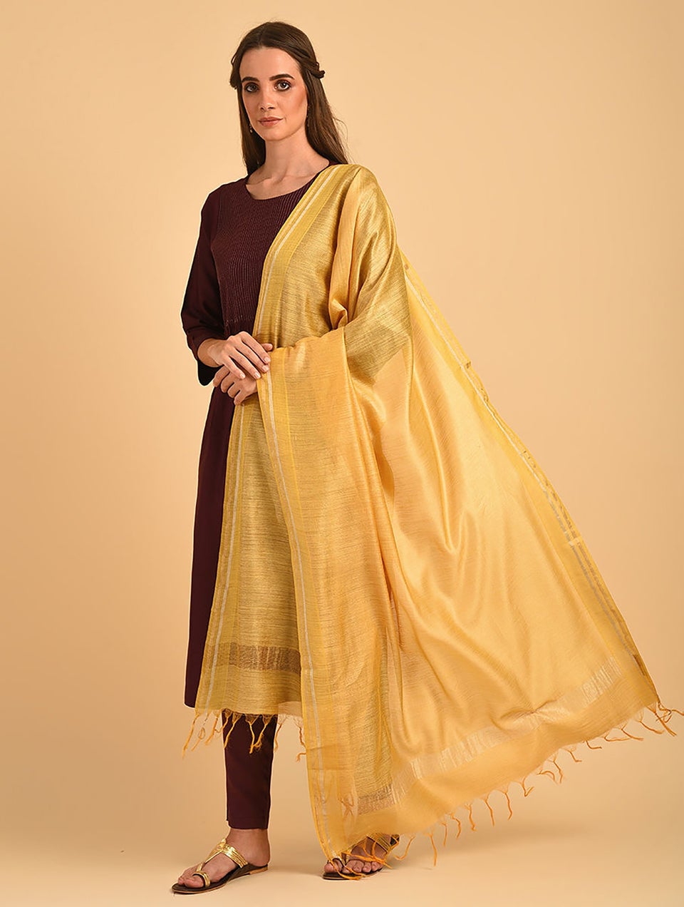 Women Yellow Handloom Silk Dupatta