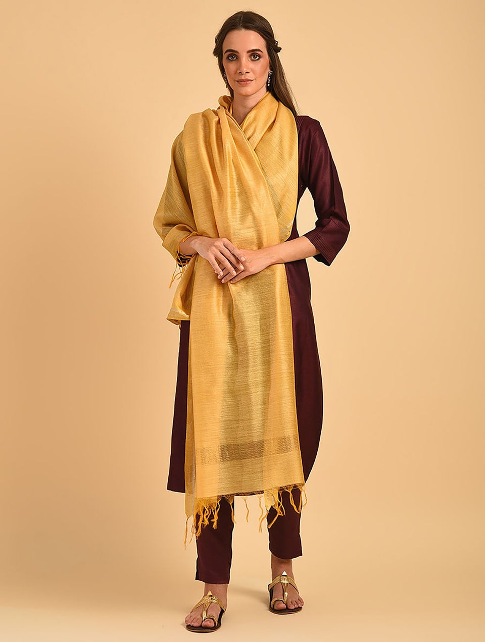 Women Orange Silk Hand Woven Dupatta