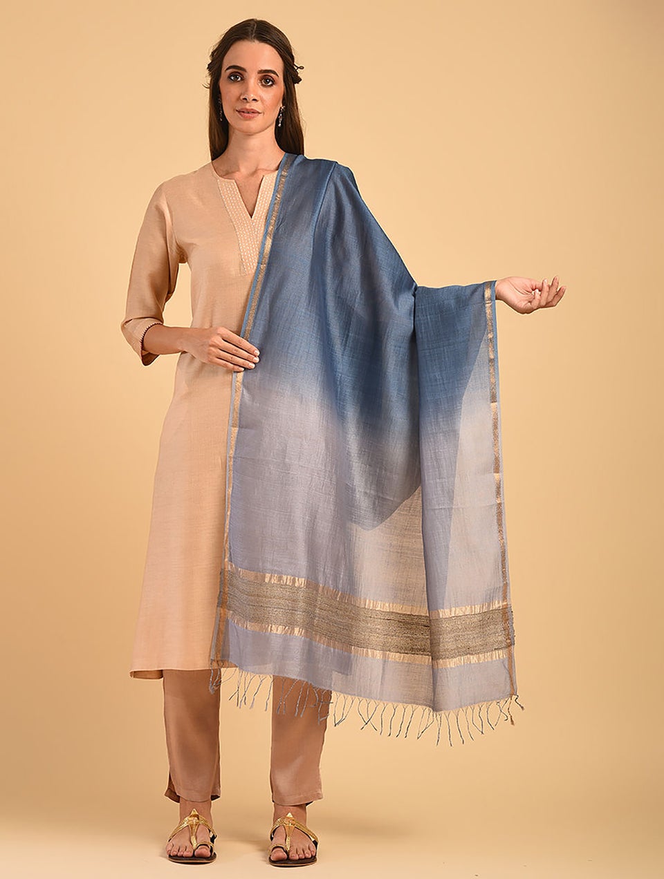 Women Blue Cotton Silk Hand Woven Dupatta