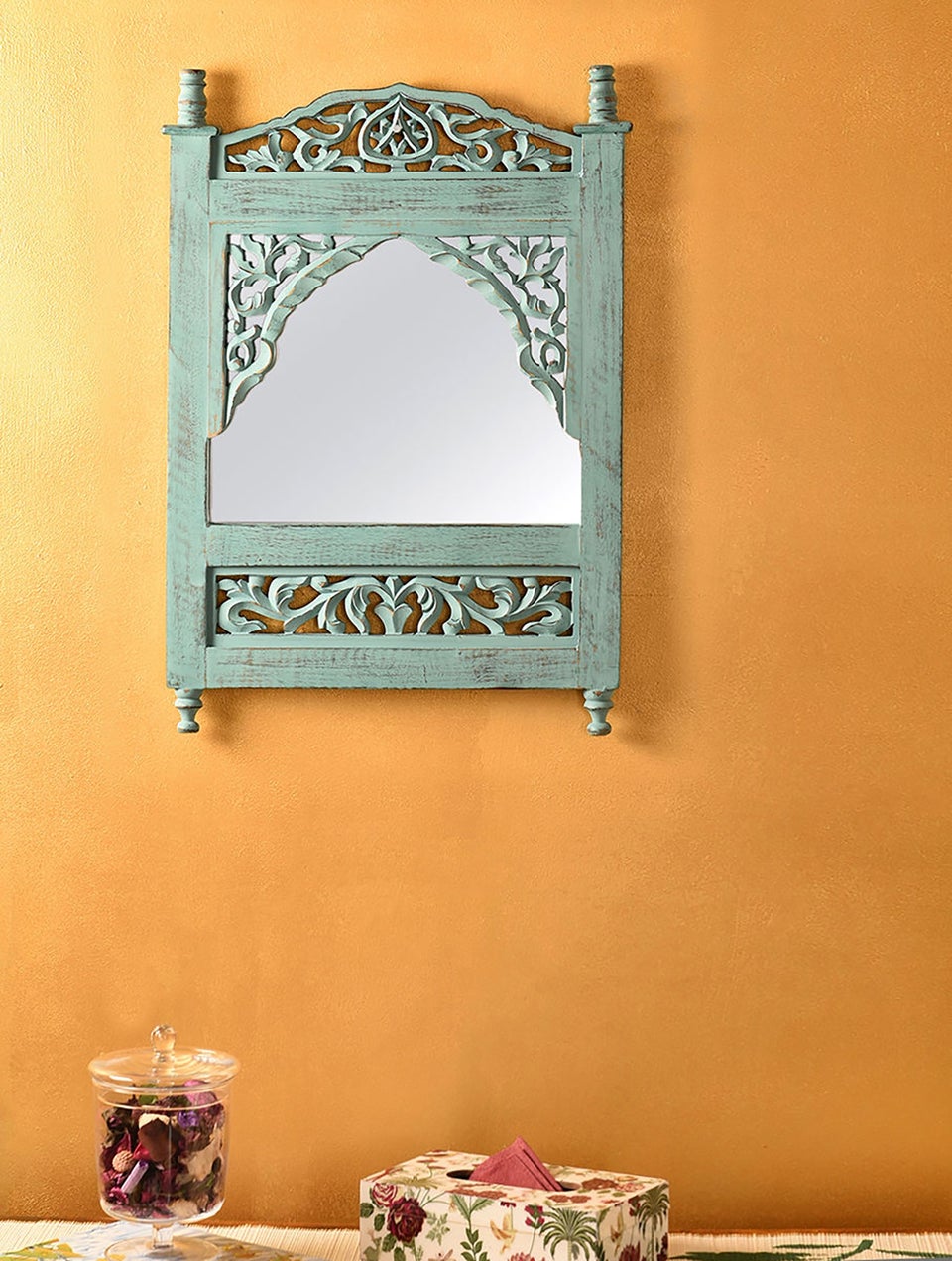 Aqua Hand Carved Wooden Mirror Frame