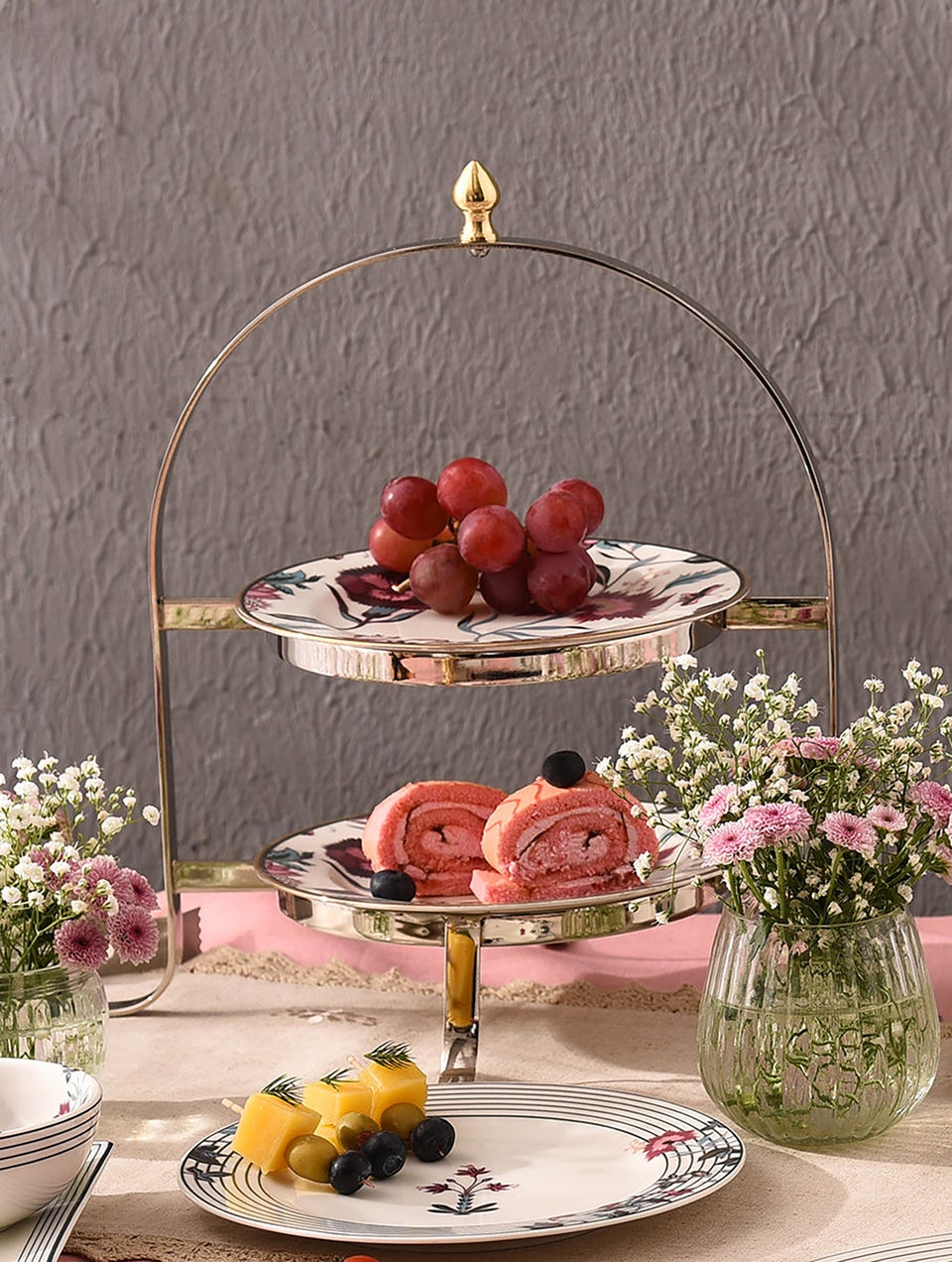 Mughal Inspired 2 Tier Cake Stand With Porcelain Plates