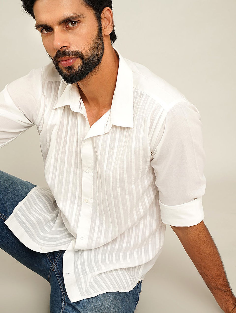 Men White Cotton Full Sleeves Shirt With Pleats