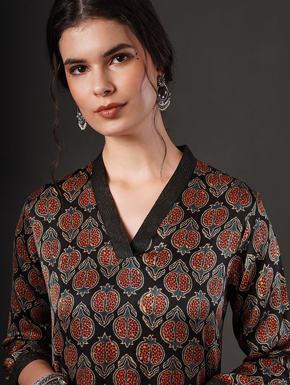 Women Black Modal Ajrakh Round Neck Regular Fit Kurta