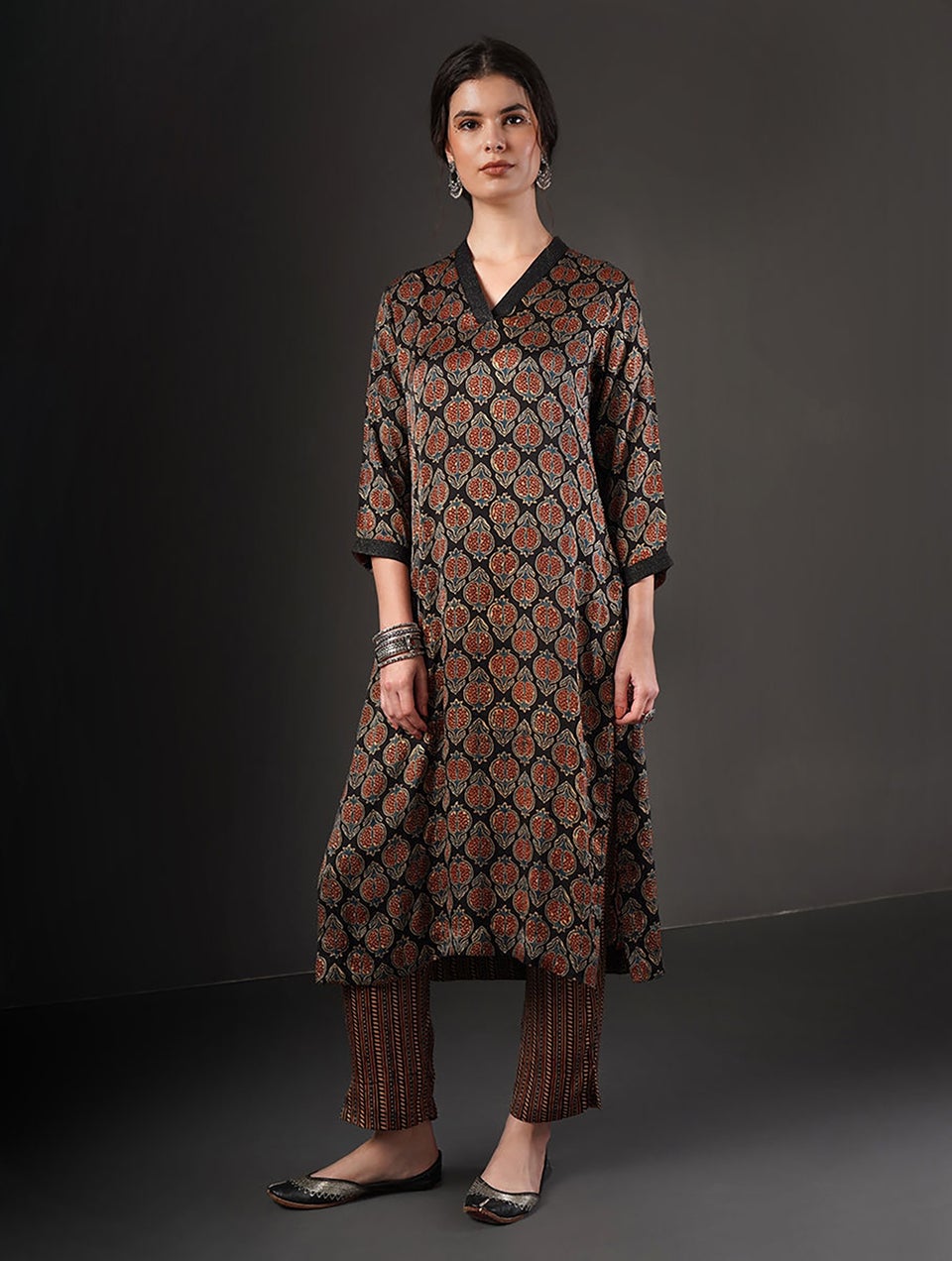 Women Black Modal Ajrakh Round Neck Regular Fit Kurta
