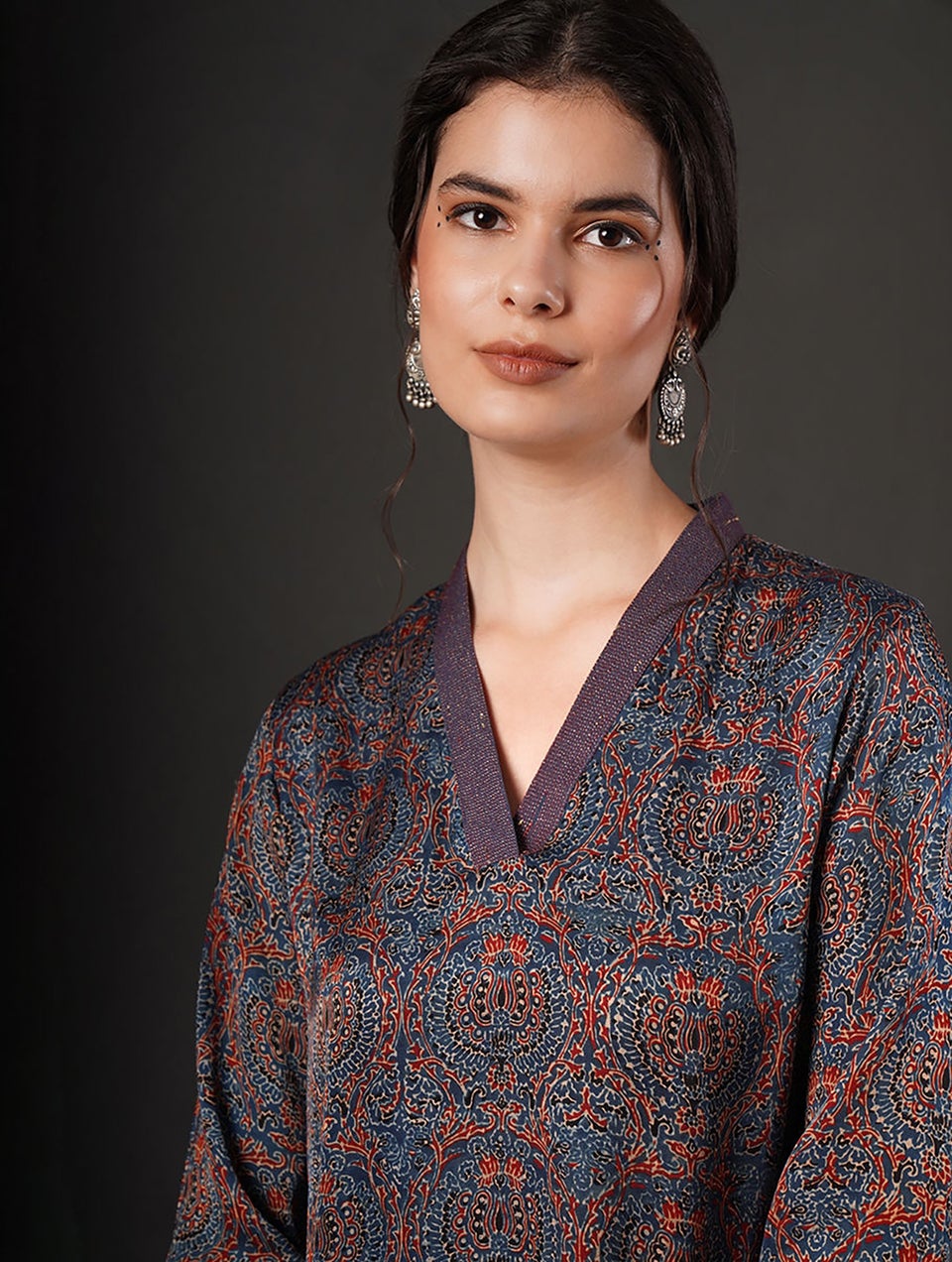 Women Indigo Blue Modal Ajrakh V Neck Regular Fit Kurta