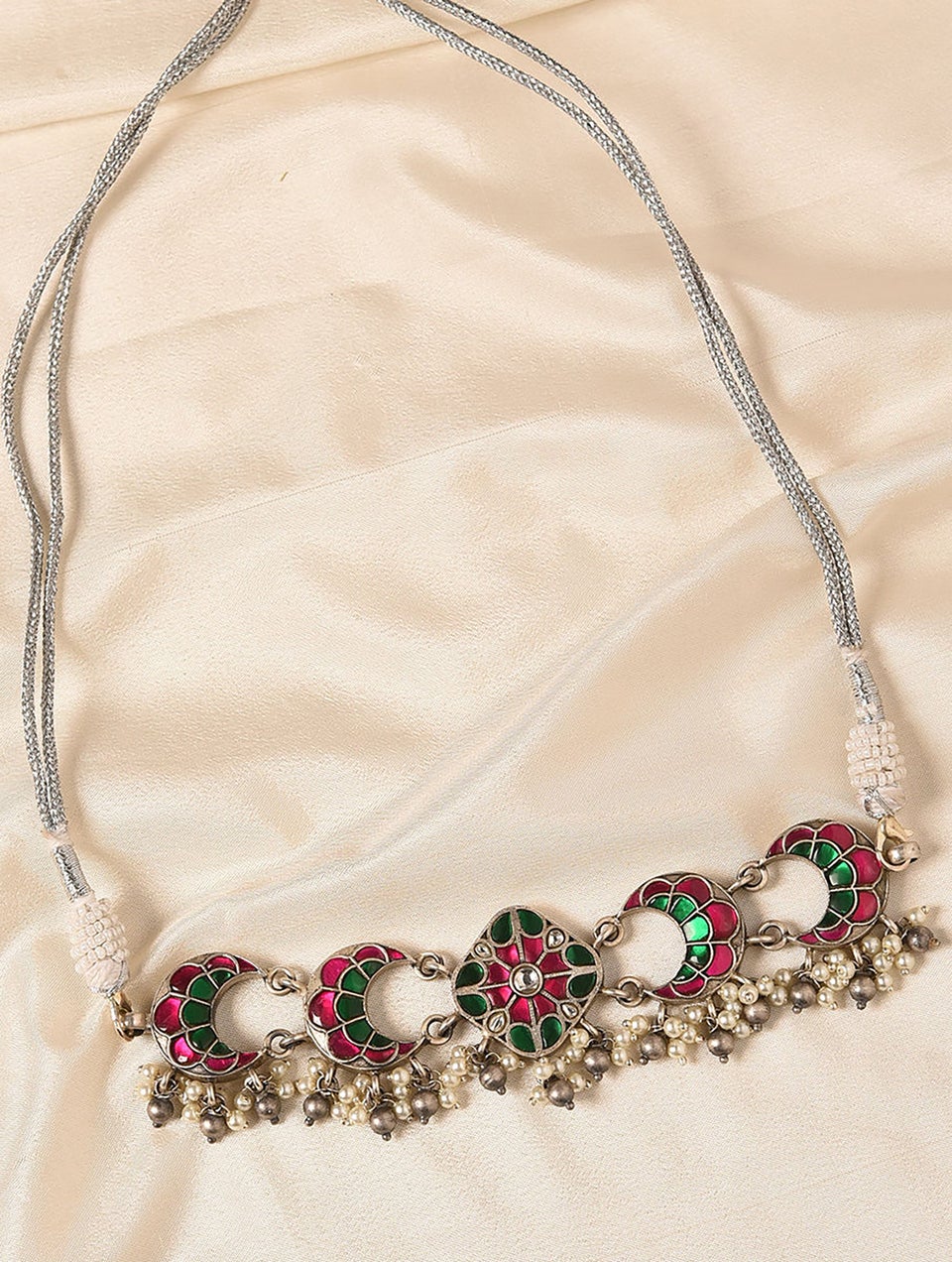 Women Ruby Pink Tribal Silver Choker Necklace With Kempstones And Pearls