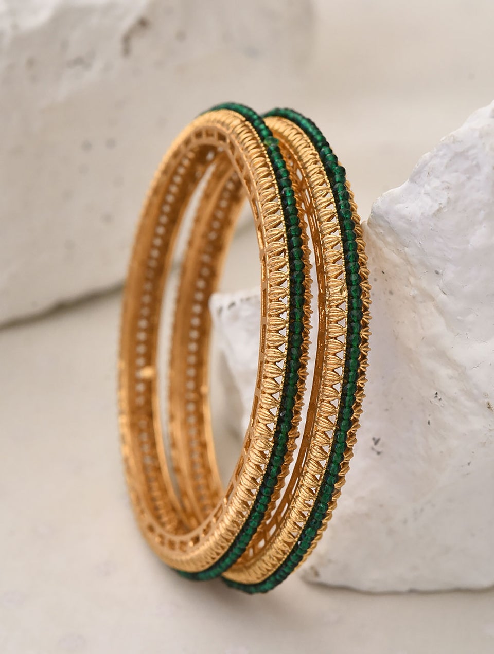 Women Green Gold Tone Bangles (Pair)