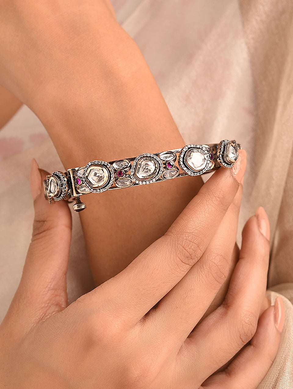 Women Pink Kempstone Encrusted Silver Openable Bangle