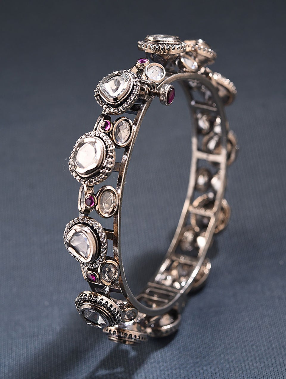 Women Pink Kempstone Encrusted Silver Openable Bangle