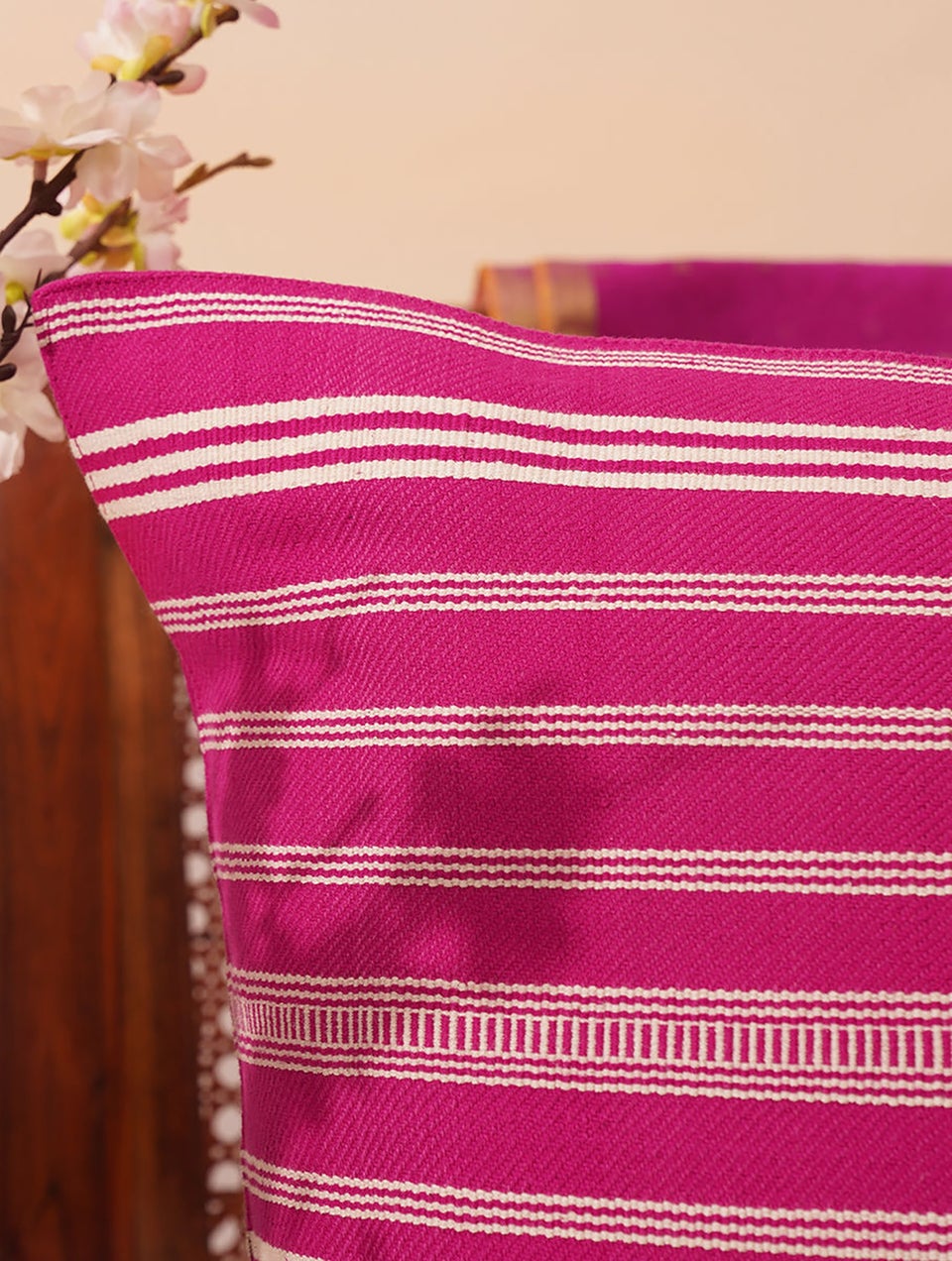 Rani Pink And Off White Handwoven Kashida Cushion Cover