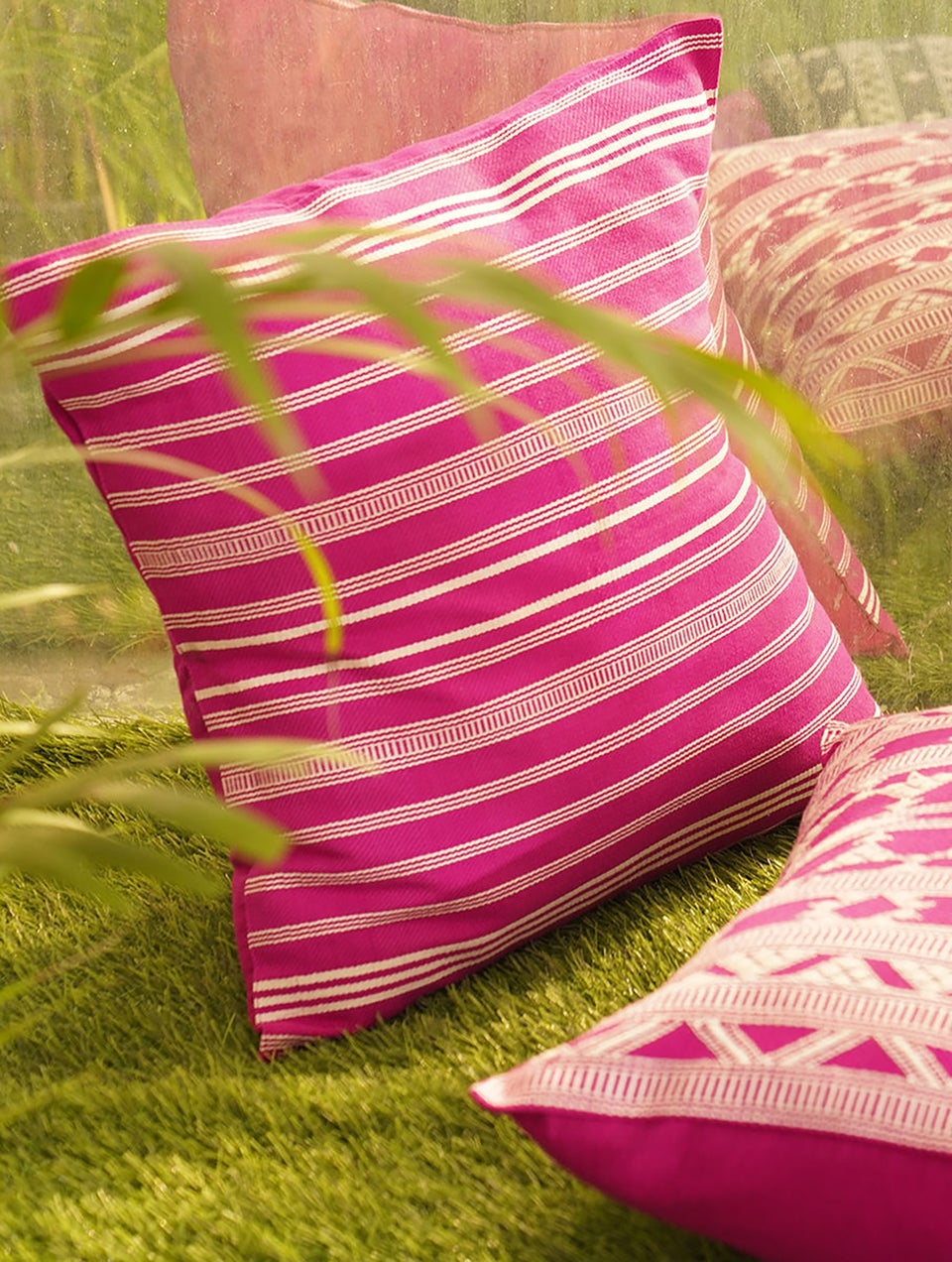 Rani Pink And Off White Handwoven Kashida Cushion Cover
