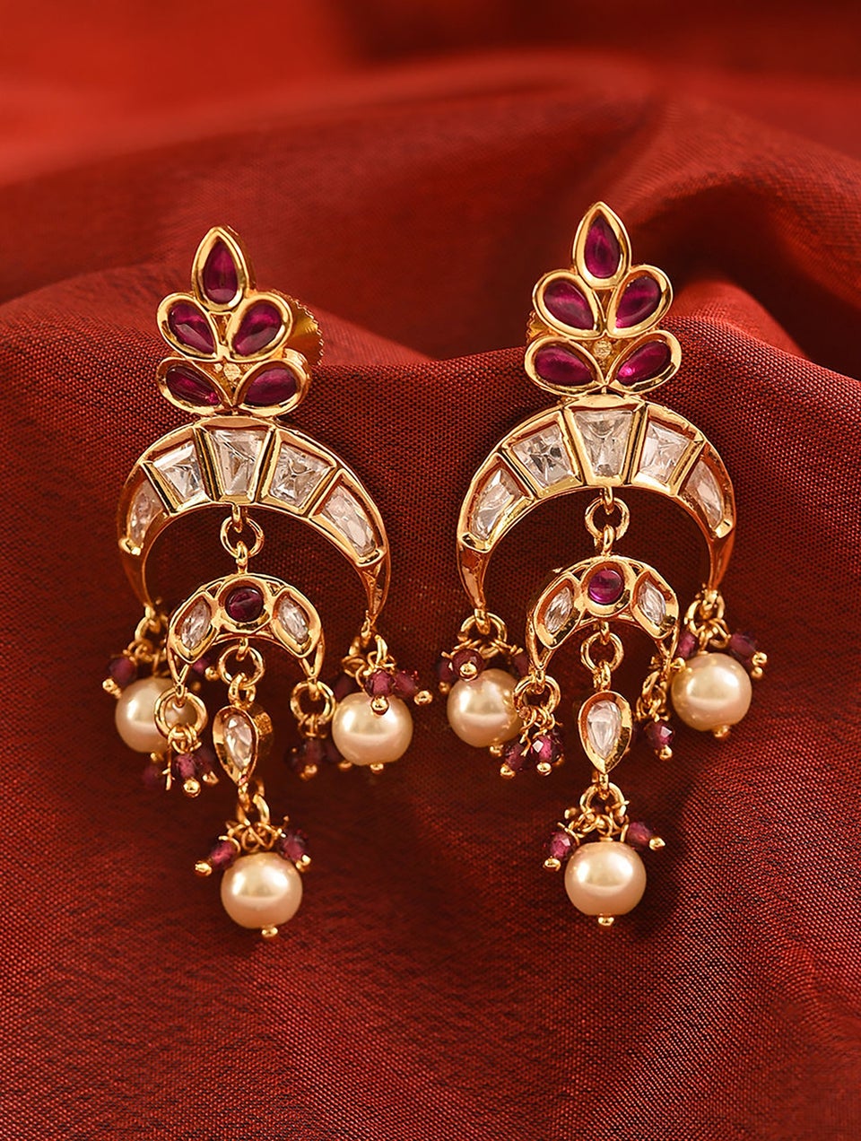 Women Red White Gold Tone Earrings