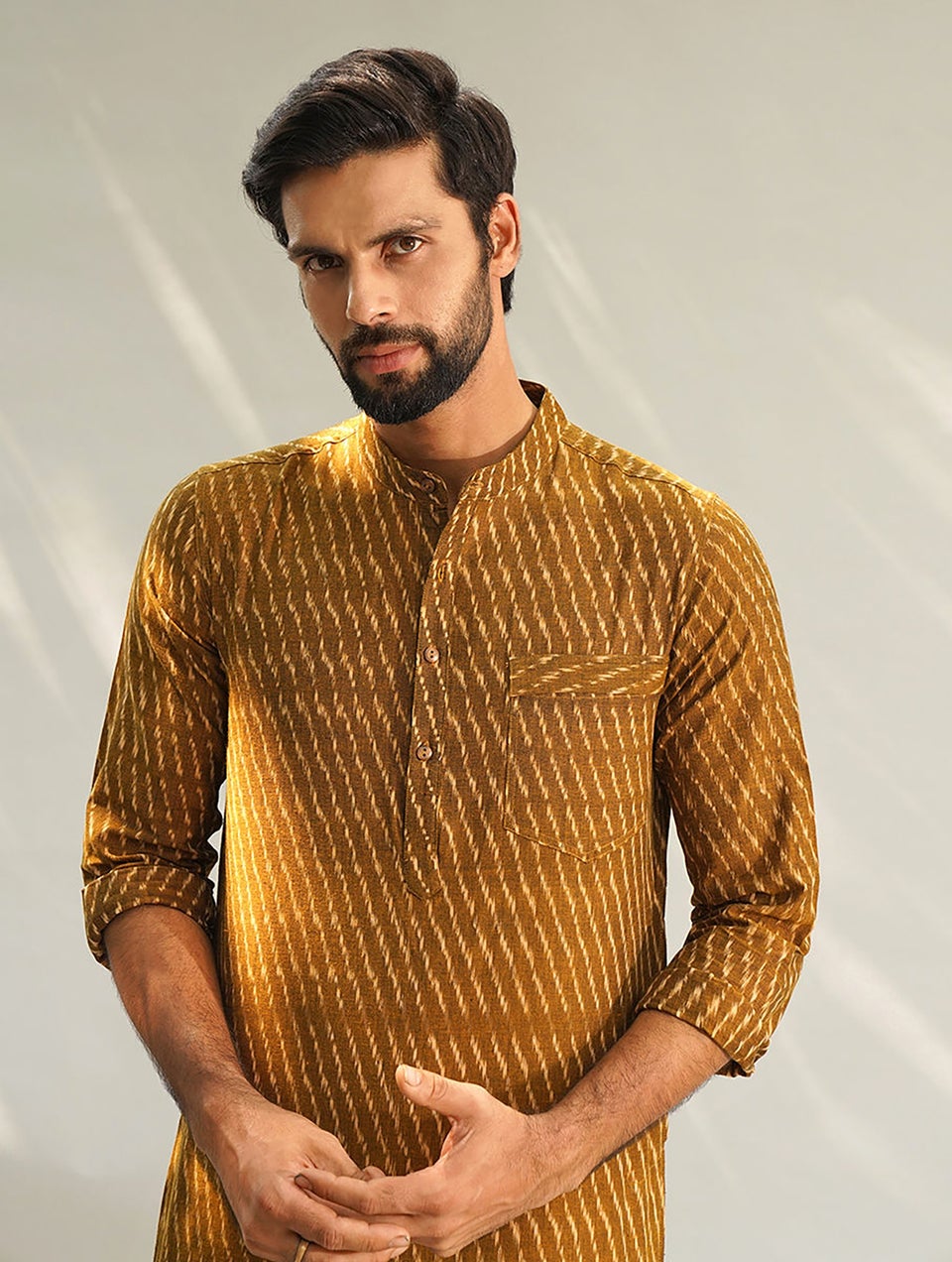 Men Mustard Yellow Cotton Ikat Mandarin Collar Regular Fit Kurta