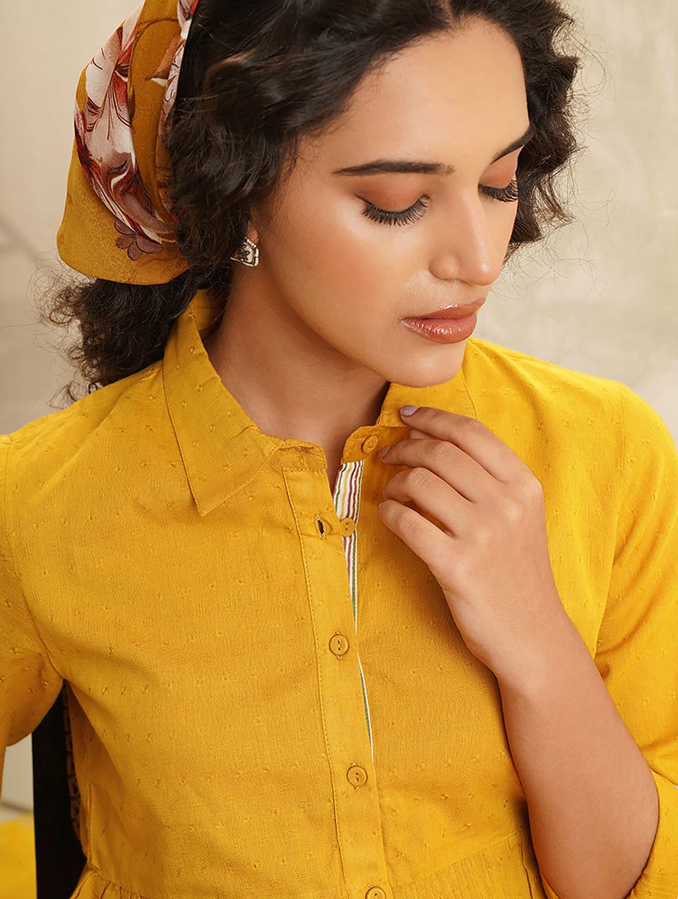 Women Mustard Yellow Cotton Self Design Collar Neck Regular Fit Tunic