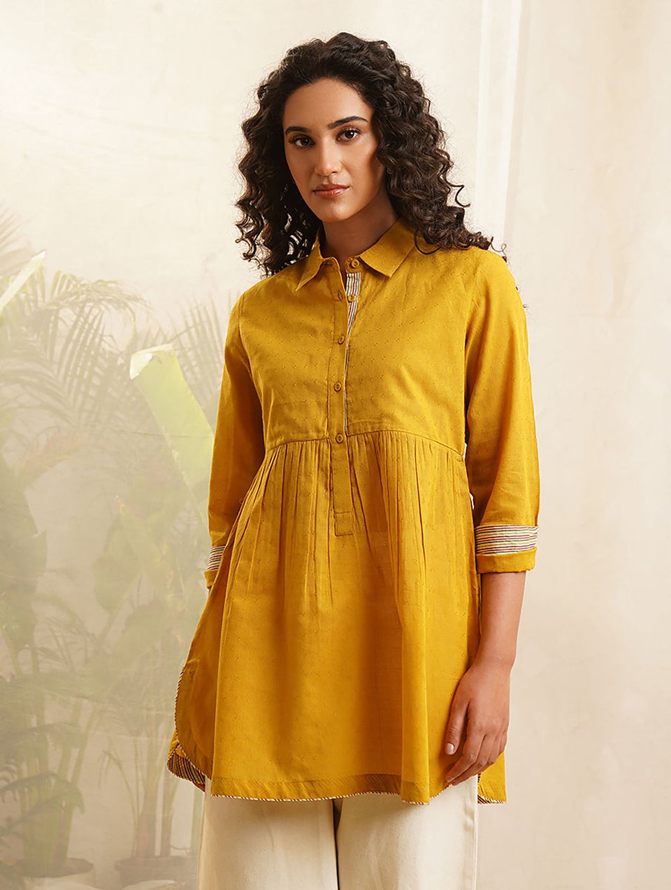 Women Mustard Yellow Cotton Self Design Collar Neck Regular Fit Tunic