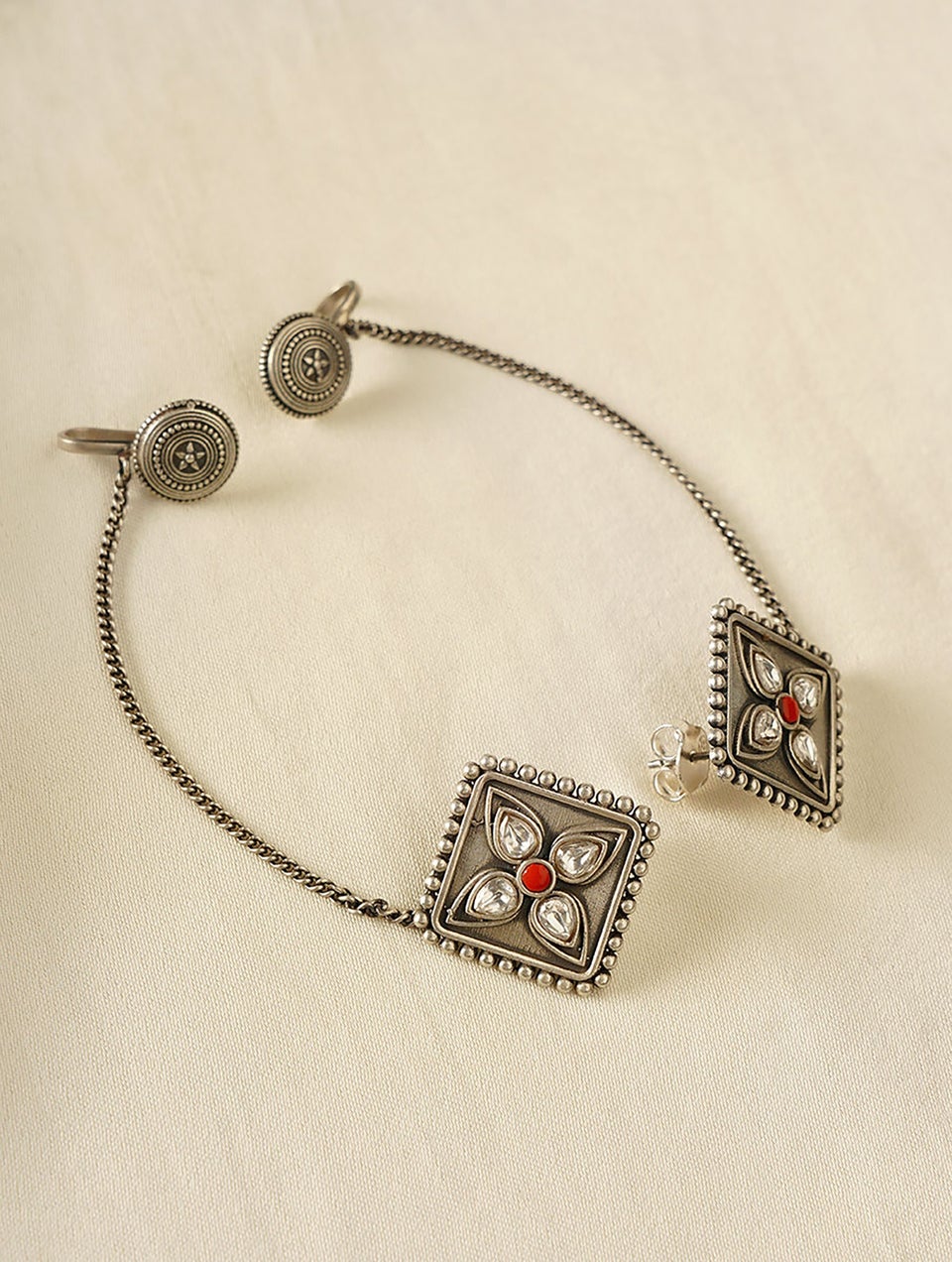 Women Tribal Silver Earrings with Kundan
