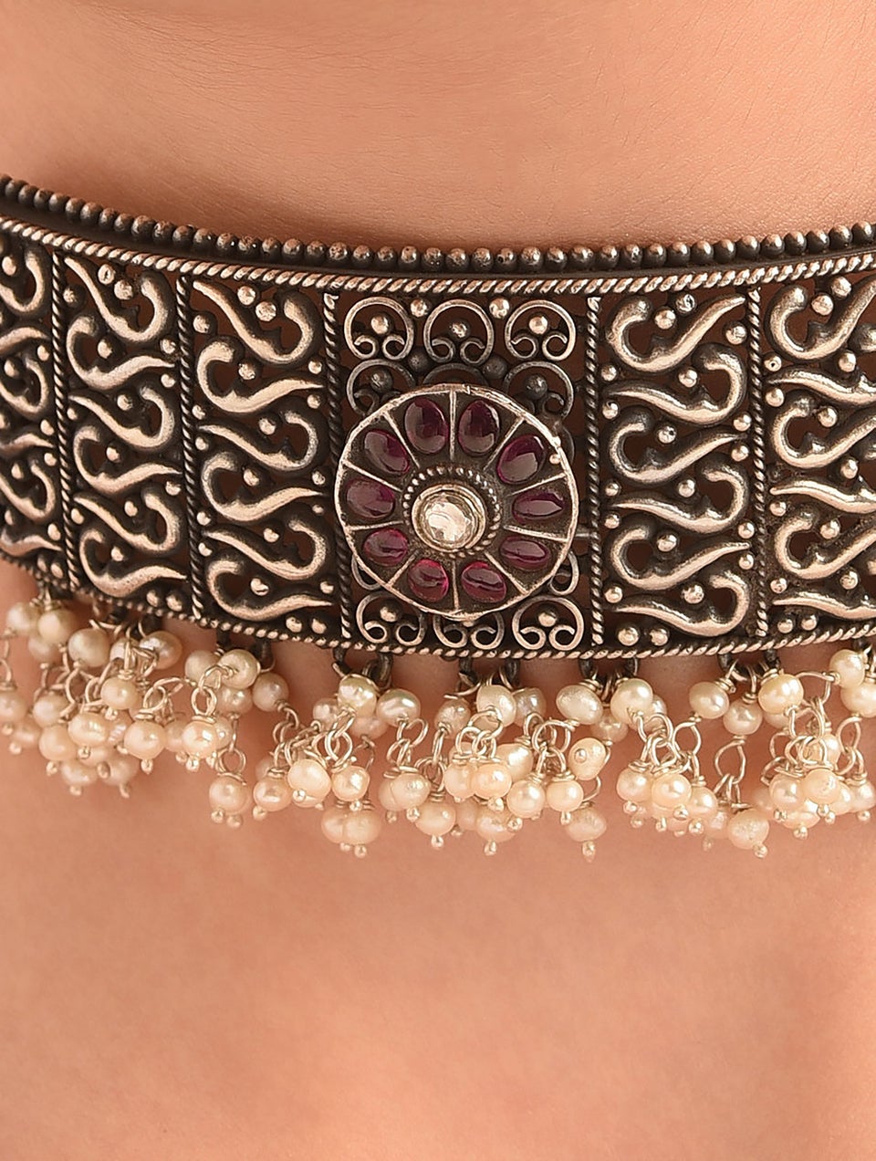 Women Pink Kempstone Encrusted Tribal Silver Necklace