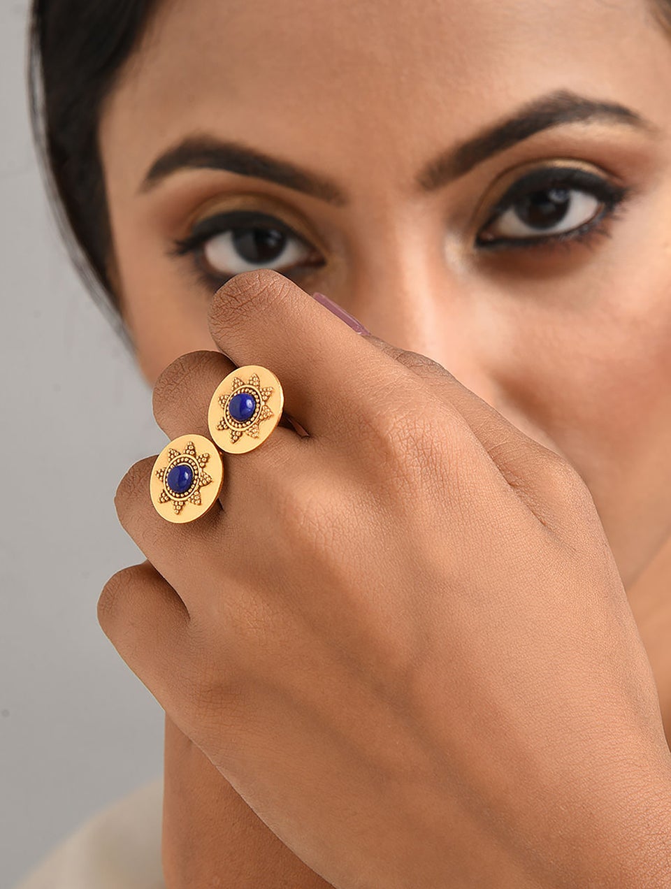 Women Gold Tone Silver Ring with Lapis