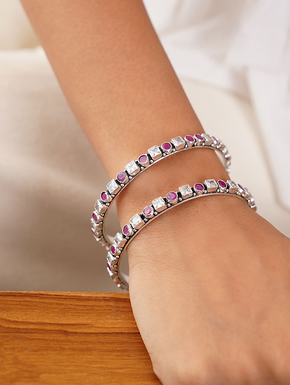 Women Pink Kempstone Encrusted Tribal Silver Bangles with Zircon (Pair)