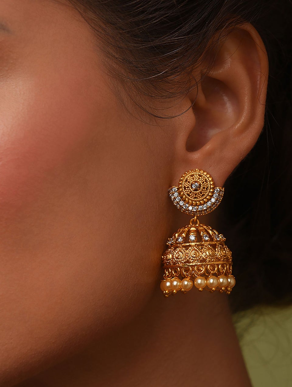 Gold Plated Temple Earrings with Beads by Niscka-Temple Earrings