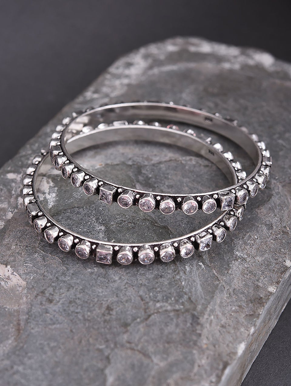 Women Tribal Silver Bangles with Zircon (Pair)