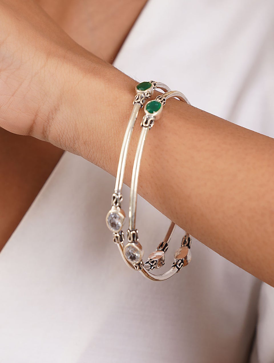 Women Green Kempstone Encursted Tribal Silver Bangle (Pair)
