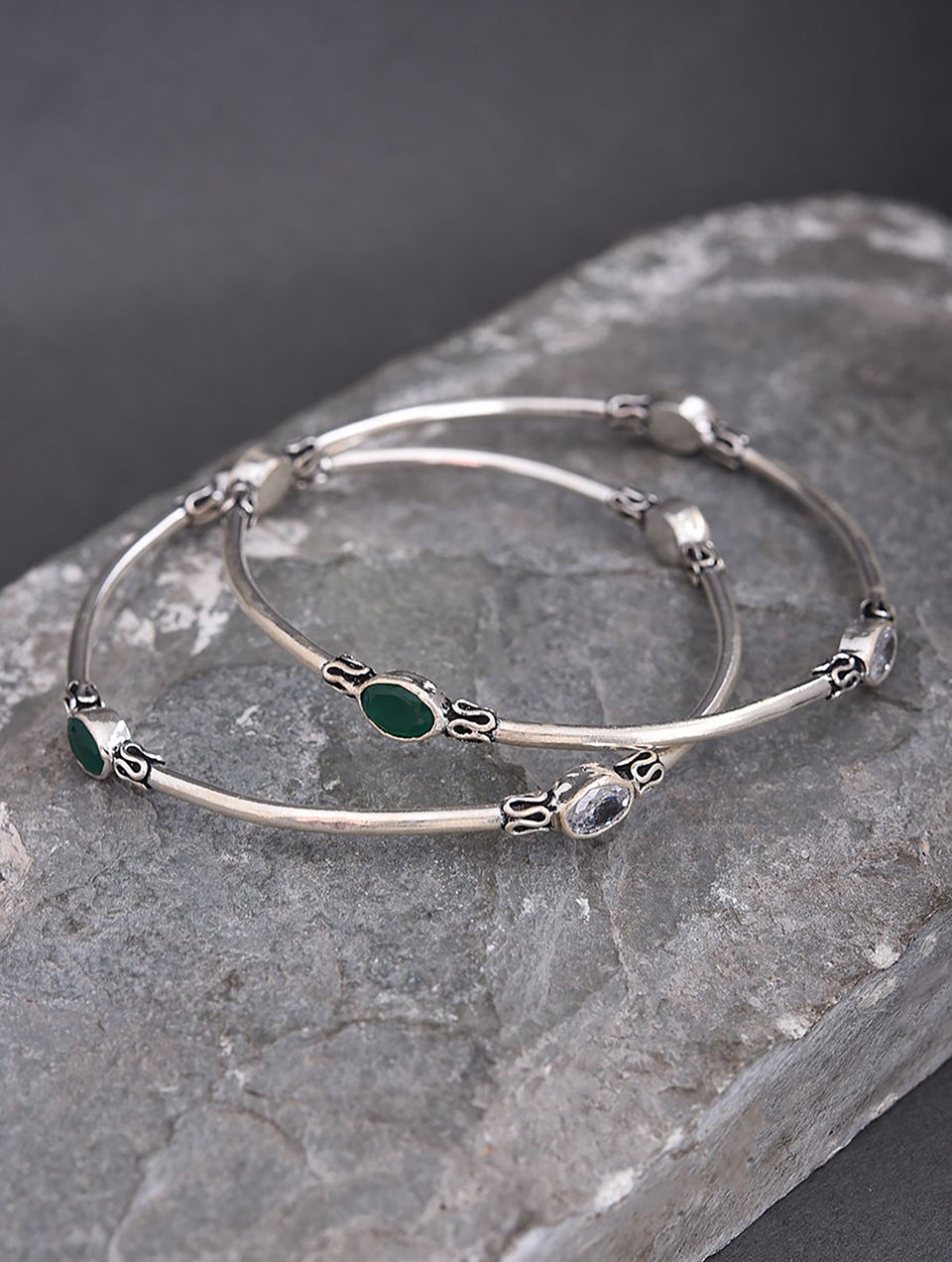 Women Green Kempstone Encursted Tribal Silver Bangle (Pair)