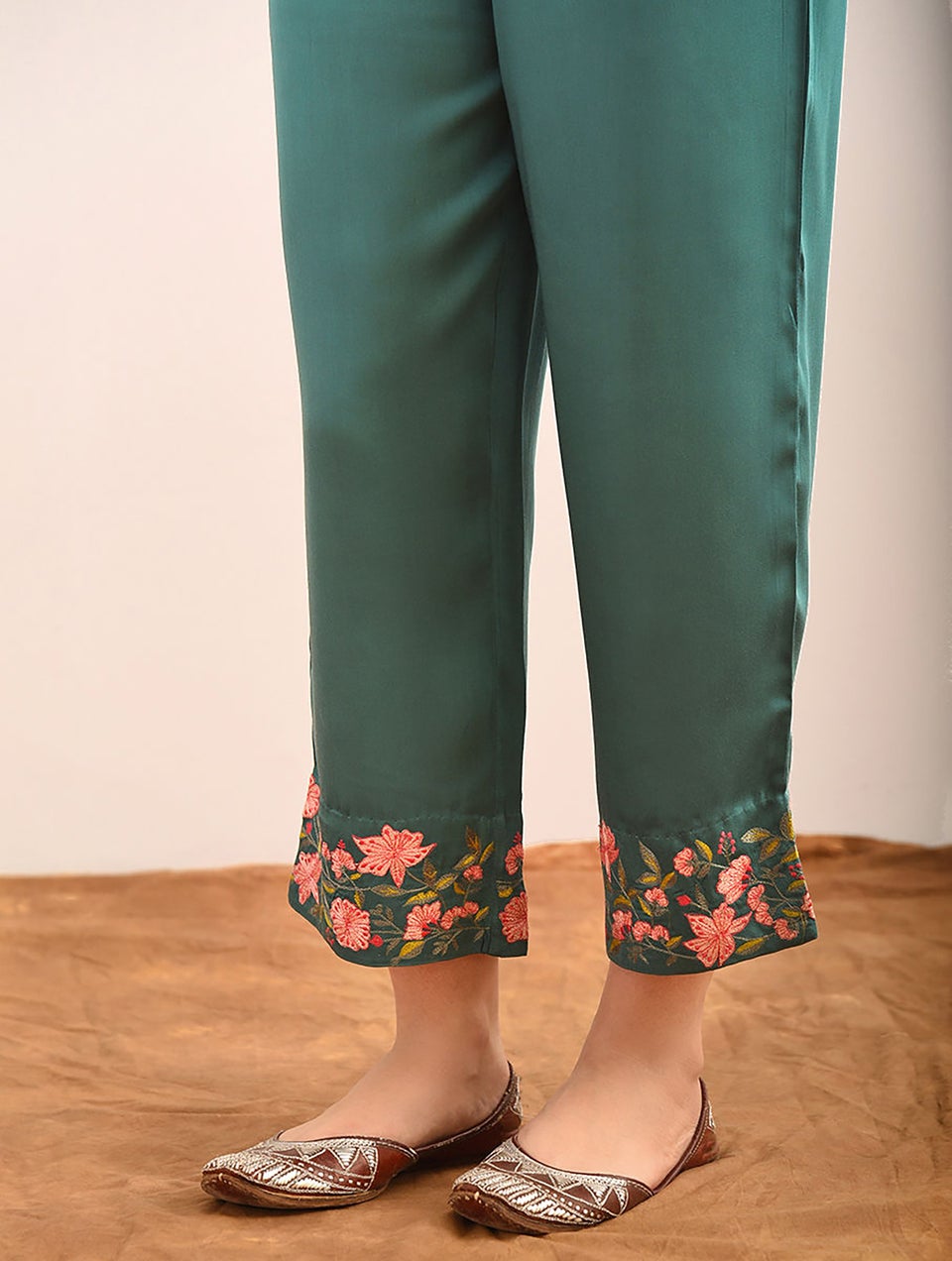 Women Teal Embroidered Elasticated Waist Modal Pants