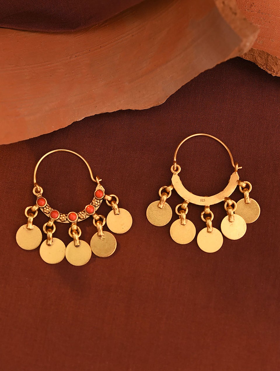 Women Coral Gold Tone Silver Earrings