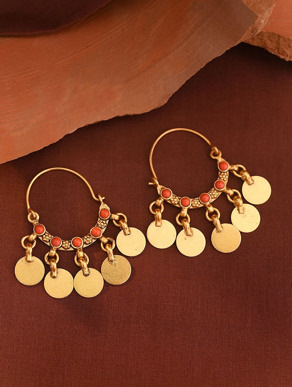 Women Coral Gold Tone Silver Earrings